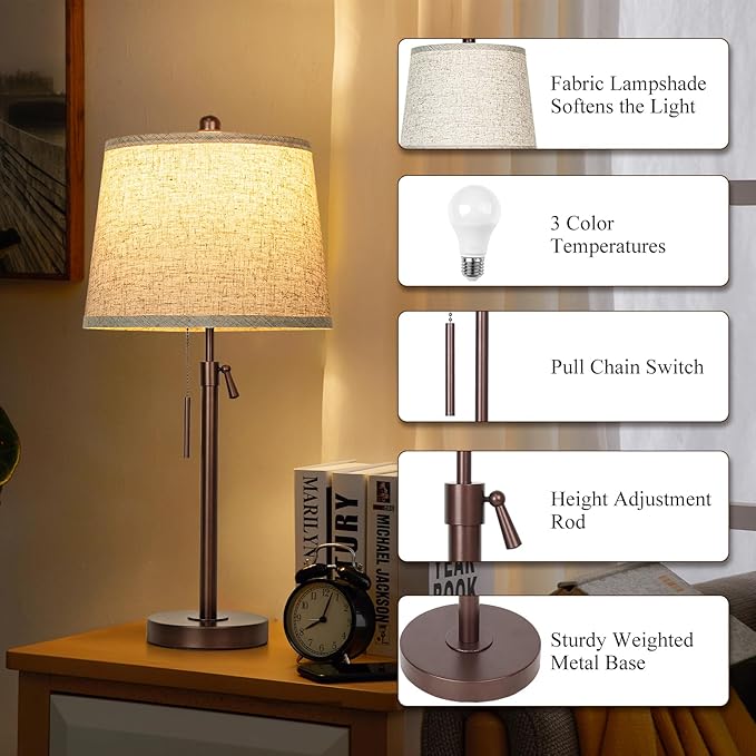 Table Lamps Set of 2, 22" to 30"Adjustable Height Bedside Lamps for Living Room 3 Color Temperatures Tall Nightstand Lamps Modern Brown Table Lamp for Bedroom Office End Table (Bulbs Included)