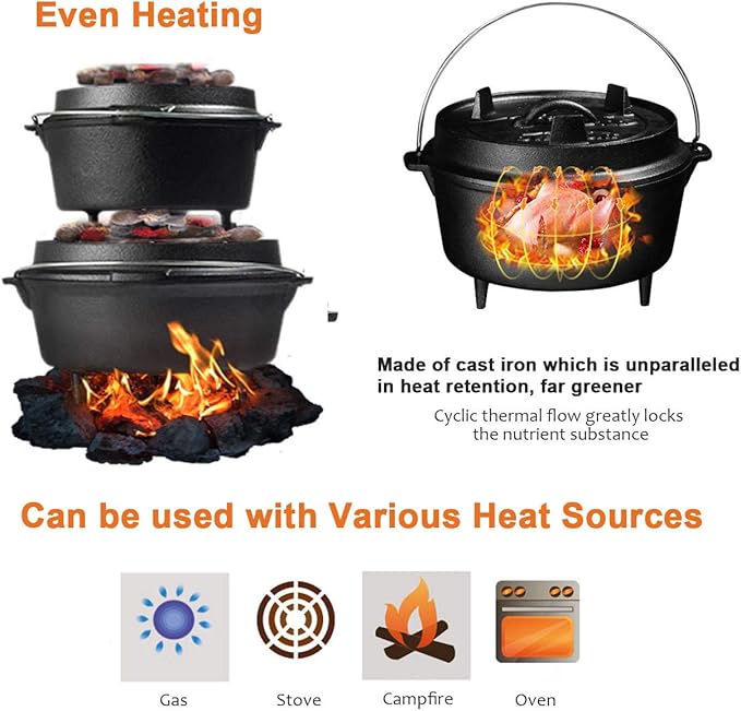 Overmont Camp Dutch Oven Pre Seasoned Cast Iron Lid Also a Skillet Casserole Pot with Lid Lifter for Camping Cooking BBQ Baking 9QT(Pot+Lid)