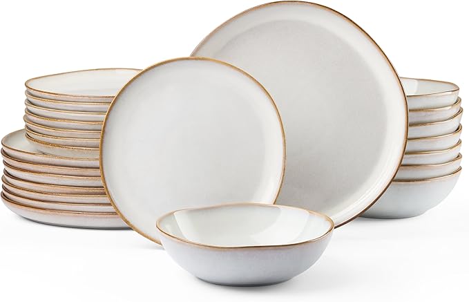 HaWare Dinnerware Sets, 24-Piece Stoneware Plates and Bowls Set, Dish Set for 8, Ceramic Dishware for Home Restaurant, Chip and Scratch Resistant, Microwave and Dishwasher Safe, Reactive Pearl White