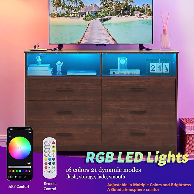 LIDYUK Dresser for Bedroom, Wood Dresser with 6 Drawers, Modern Minimalist Dressers & Chest of Drawers with Charging Station & LED Lights, 48 Inches TV Stand for Bedroom, Living Room, Dark Cherry