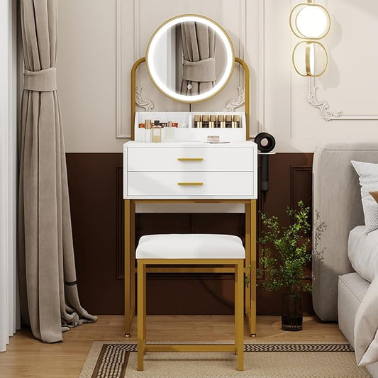 ARTETHYS Small Vanity Desk with Mirror and Lights White Compact Makeup Vanity with Chair Modern Space-Saving Dressing Table with Drawer for Small Bedroom, Apartment
