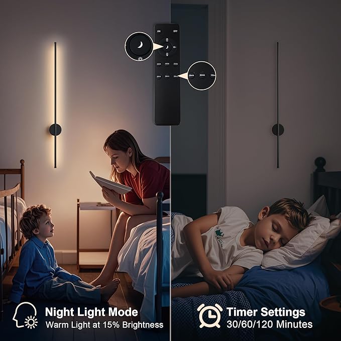 Battery Operated Modern Wall Sconces, Dimmable Wireless Wall Light Set of Two with Remote Control, 3 Color Temperatures, Rechargeable LED Wall Sconce for Bedroom, Living Room, Hallway, 39.3 Inch Black