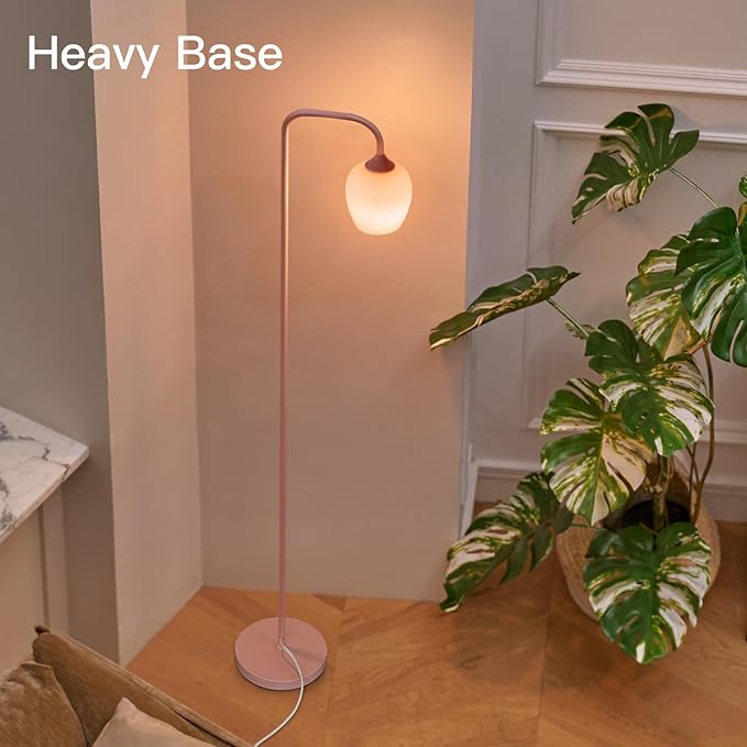 ONEWISH Pink Floor Lamp-Modern Standing Lamp for Living Room Bedroom, Glass Lamp Shade, LED Bulb Included, Cute Simple Design, for Girls Women