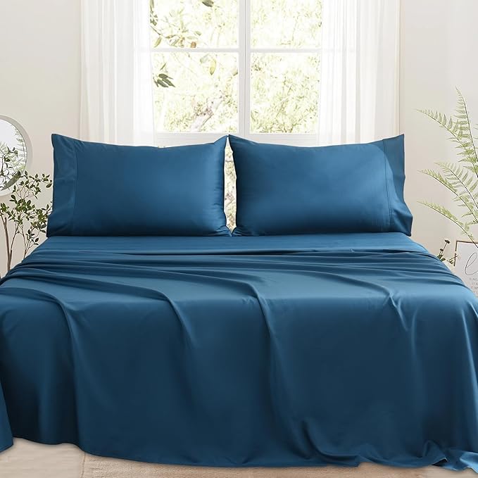 Bedlifes 1000 Thread Count 100% Egyptian Cotton California King Size Sheets Set - Sateen Soft Silky Breathable Luxury Cooling 4 Pieces (Navy Blue)