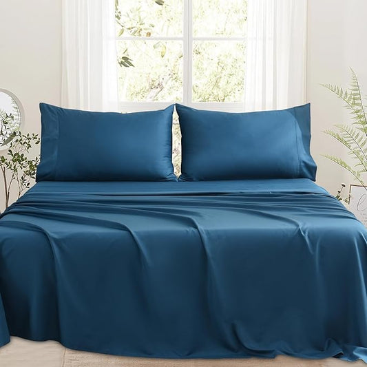 Bedlifes 1000 Thread Count 100% Egyptian Cotton California King Size Sheets Set - Sateen Soft Silky Breathable Luxury Cooling 4 Pieces (Navy Blue)