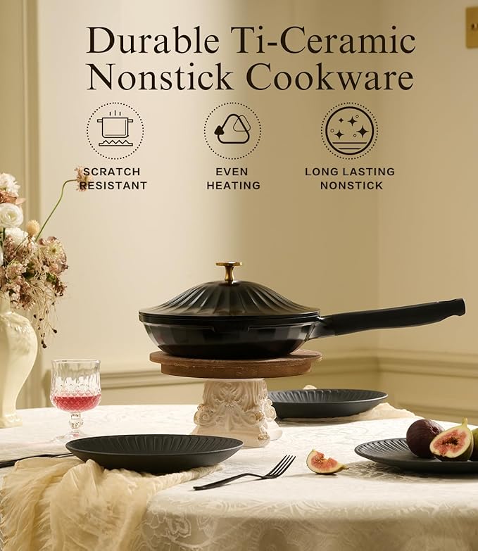 Nonstick Ceramic Cookware Set (7 Piece)–Titanium Cast Aluminum Pots and Pans Set with Lids, Non Toxic PFAS-Free Compatible with All Stovetops–Jet Black