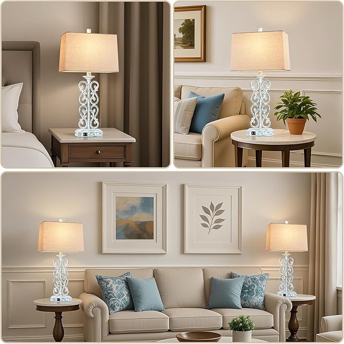 25" Coastal Set of 2 Touch Resin Table Lamps for Living Room with 3-Way Dimmable Dual USB Ports, Rustic Farmhouse Lamps for Bedside Bedroom, Nightstand Home Decor, 2 Bulbs Included
