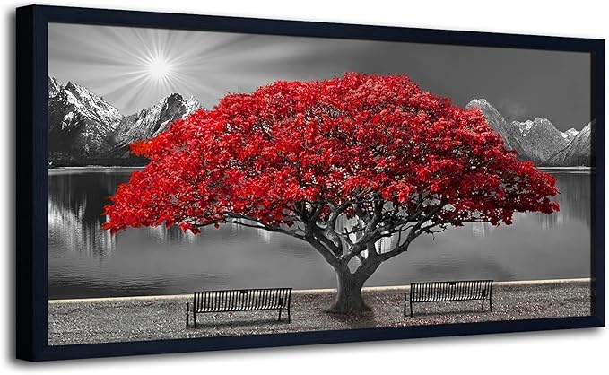 Black and White Red Tree Wall Art Canvas Print Picture Large Red Tree Landscape Modern Artwork for Living Room Bedroom Office Home Wall Decor With Frame 29X58inch Black Framed
