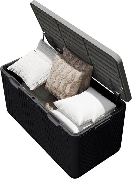 Kingdura 110 Gallon Outdoor Storage Box, Waterproof Resin Deck Box for Indoor and Outdoor Use, Lockable Storage Container for Patio Furniture Cushions Garden Tools (Black, 110 Gallon)