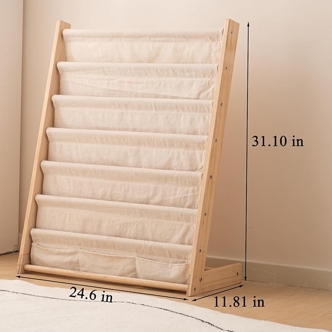 Wooden Bookshelf for Kids Wood Bookrack Canvas Book Storage Shelf Display Bookshelf 6 Tier Kids Book Rack for Bedroom Living Room Playroom Storage Organizer Natural (24.6" L x 11.81" W x 31.10" H)