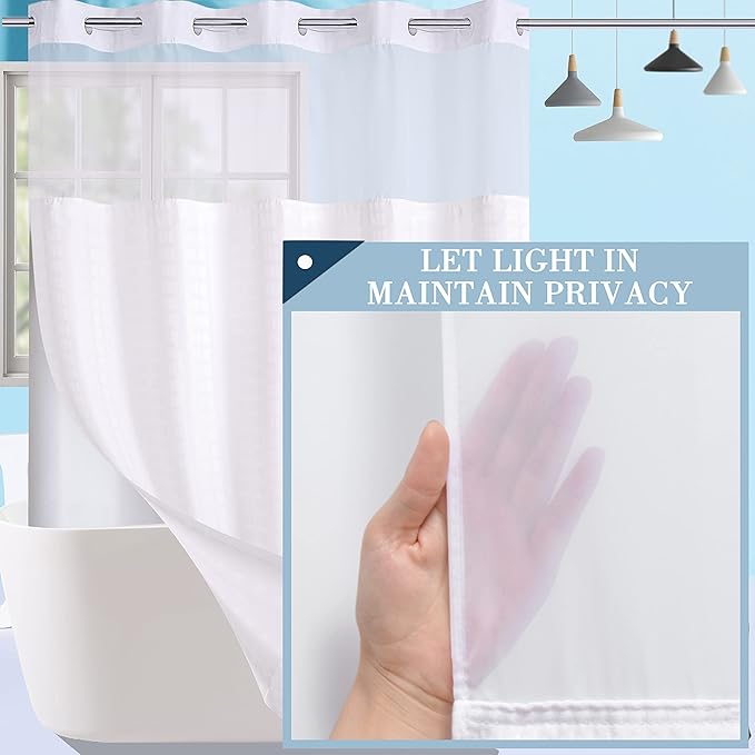 Conbo Mio No Hook Shower Curtain with Snap in Liner Set, Hotel Luxury White Fabric Shower Curtains for Bathroom with See Through Top Window, Washable, Waterproof 71W x 74H