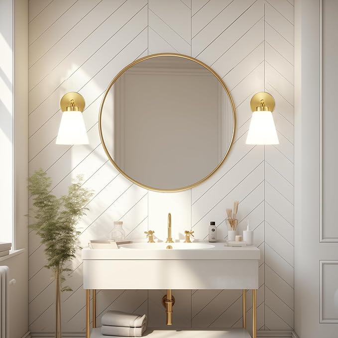 Hamilyeah Gold Sconces Wall Lighting Set of Two with Frosted Glass Shade, Industrial Bathroom Lighting Fixture with Milk Shade, Modern Brass Vanity Sconce Lighting for Bedroom, Living Room