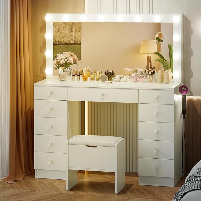 VOWNER Vanity with Lighted Mirror - Makeup Vanity Desk with 11 Drawers and Outlet, 3 Color Lighting Modes Adjustable Brightness, 46" Vanity Table with Soft Cushioned Stool for Bedroom, White