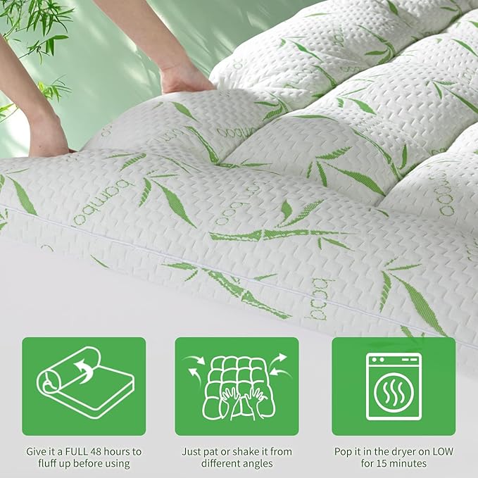 Bambu Mattress Topper Queen,1200 GSM Cooling Mattress Pad,2In Extra Thick Pillow Top for Back Pain,Soft Mattress Protector Cover with 8"-18" Deep Pocket(60"x80")