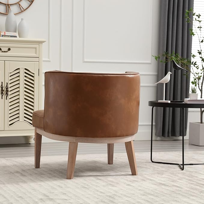 Set of 2 Arm Accent Chair Barrel Accent Chair with Wood Legs, Brown Leather Comfy Barrel Round Side Chair Upholstered Reading Chairs with Back for Living Room Bedroom Living Room Chair, Brown