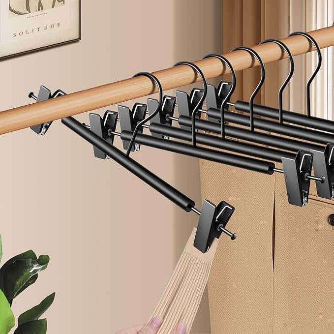 Wooden Pants Hangers with Clips 20 Pack Adjustable Wood Skirt Hangers for Women&Men Space Saving Closet Non Slip Clothes Hanger for Jeans,Trousers,Short,12Inch Black