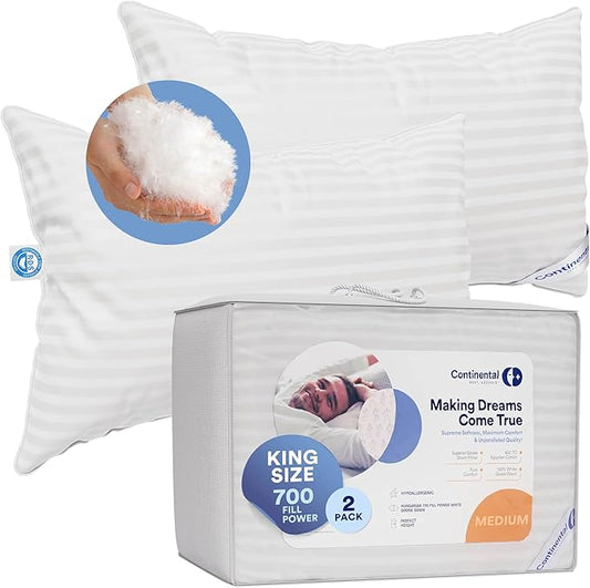 Continental Bedding | Serenity Goose Down Pillow | 700 Fill Power Hungarian White Down | 400TC Cotton Damask Shell | Made in USA | Medium, King (Pack of 2), 2 Count