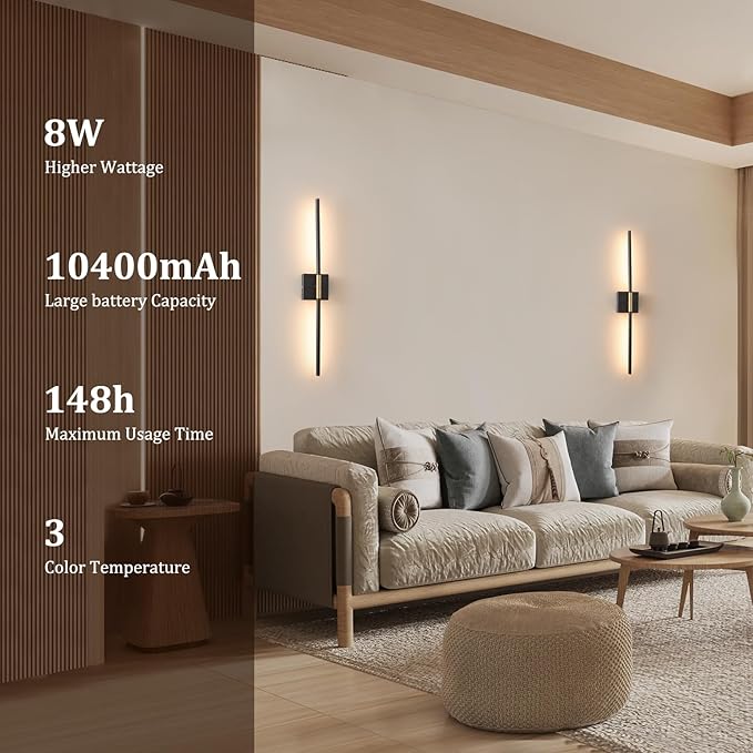 Battery Operated Wall Sconce Set of 2, 10400mAh Wireless Wall Sconces, 3000K-6000K Dimmable, 350°Rotate, Indoor Wall Lights with Remote for Bedroom Living Room Bathroom, Black Gold, 31.5 Inch