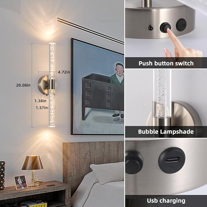 Modern LED Battery Operated Wall Sconces Set of Two, Dimmable Bathroom Crystal Wall Sconce, USB Rechargeable Brushed Nickel Vanity Wall Lamp, Bubble Wall Lights For Bedroom, Living Room. 20-Inch