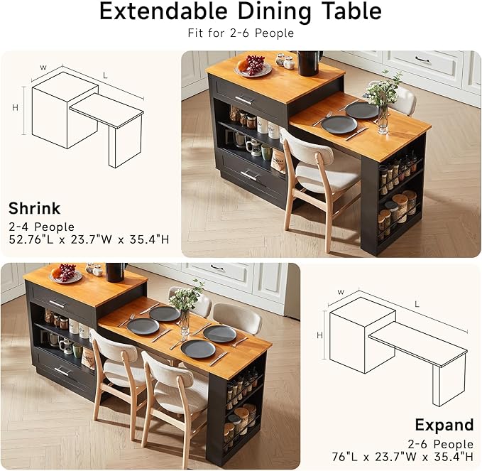76" Kitchen Islands with Extendable Dining Table, 2-6 Island Table for Kitchen, Mobile Kitchen Table with Double-Side Storage, Kitchen Island on Wheels with Power Outlet & Spice Rack, Black