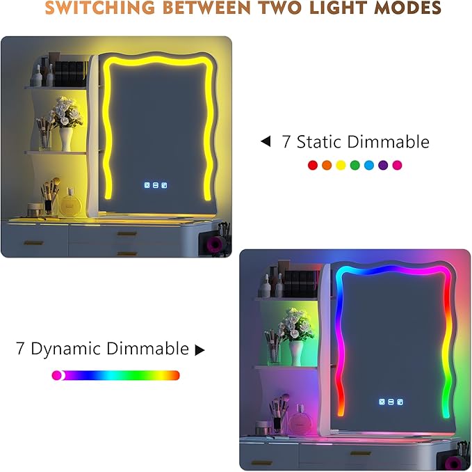 RGB Makeup Vanity Desk with Wireless Charging Station,7 Dynamic and 7 Static Dimmable Vanity Table with Visible Glass Top,Auto Sensor LED Make up Vanity with Mirror and Lights,Stool