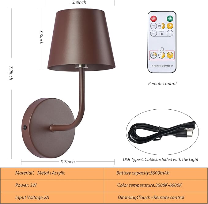 LED Wireless Wall Lamp Set of 2, with 5600mAh Rechargeable Battery Powered Wall Sconces, Touch for Remote Control Infinite Dimming Be Used for Bedroom Mirror Living Room Wall Painting(Brown)