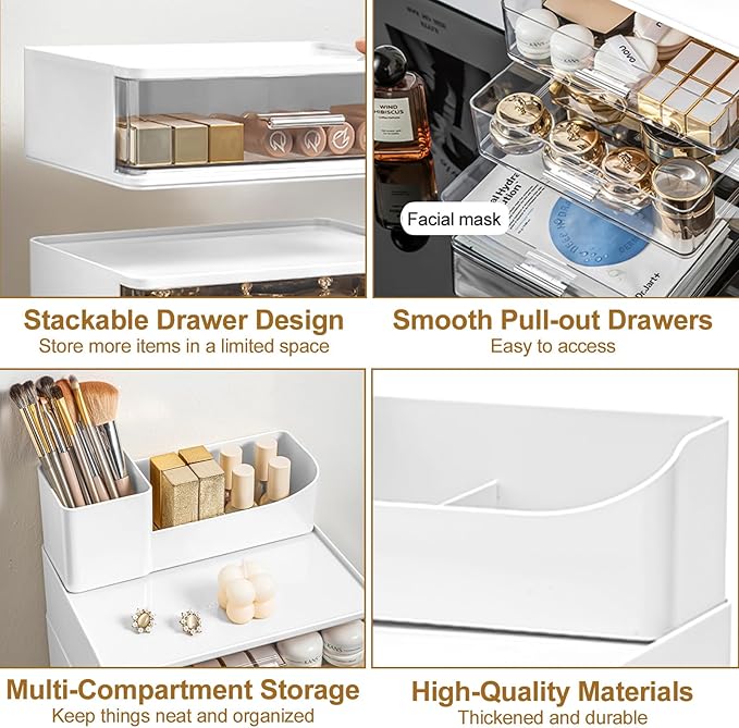 DASITON Makeup Organizer for Vanity with 2 Drawers, Stackable Cosmetic Organizer with Makeup Brush Holder, Plastic Bathroom Organizer Skincare Storage for Brushes, Eyeshadow, Lotions, Lipstick (White)