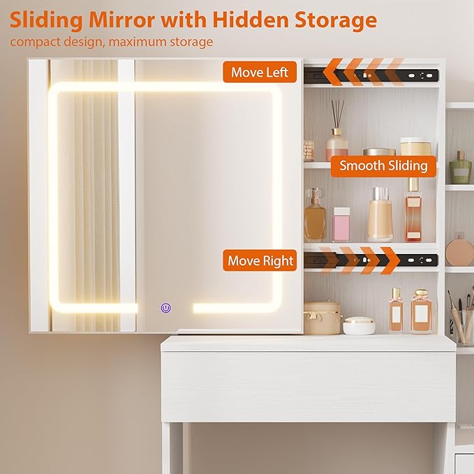 Senfot White Vanity Desk with Sliding Mirror and Lights, Modern Makeup Vanity Table with 4 Drawers and 7 Storage Shelves, Dressing Table with Stool and Charging Station, 3 Lighting Modes, for Bedroom