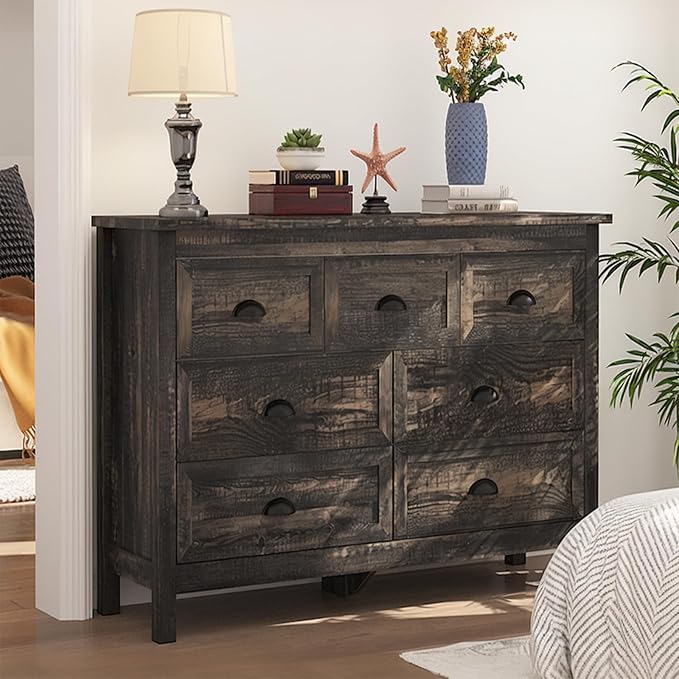 Wananlanen® Farmhouse Dresser for Bedroom, Wooden Rustic 7 Drawer Dresser, Chest of Drawers for Bedroom