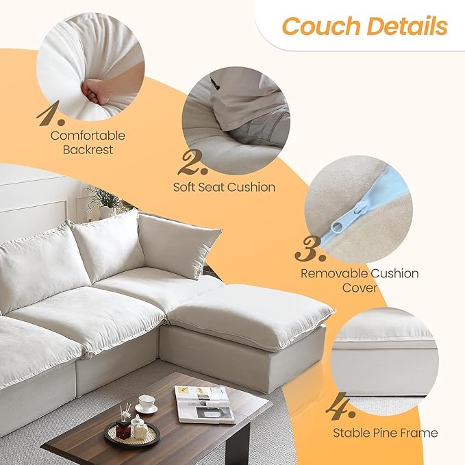 JACH U-Shaped Couches for Living Room, Convertible Sectional Sofa, 162" Modern Deep Seat Soft Cloud Couch, Modular Sectional Sofas with Ottomans, Sofa Cover Removable(Beige)