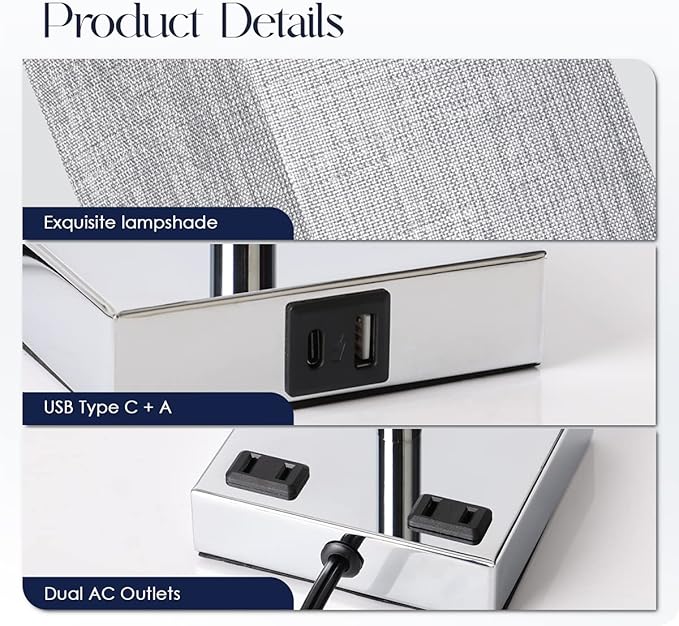 Bedside Lamp with USB Ports - Touch Control Table Lamp for Bedroom with USB C+A Charging Ports & AC Outlets, 3 Way Dimmable Nightstand Light for Living Room (LED Bulb Included, Chrome - Grey)