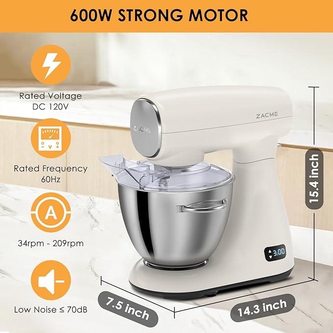 ZACME Mixers Kitchen Electric Stand Mixer 5.5QT 600W, Aluminum die casting and Gears, Dual Cooling System, Low Noise, DC Motor, LED Display and Timing Function, Tilt-head Metal Food Mixer, White