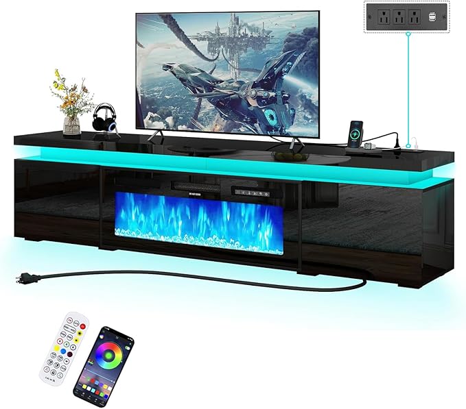 Fireplace TV Stand for 80" TV, 71" LED TV Stand with 40" Electric Fireplace & Power Outlet, High Gloss Surface, 2 Storage Cabinet, Modern Style (71 Inch, Black