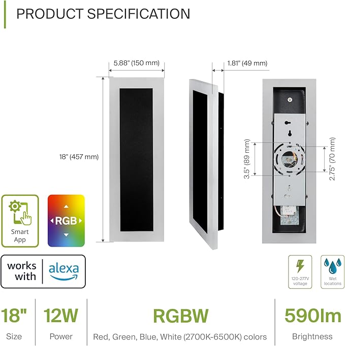 ASD LED 18" Long Wall Mount Light Fixture, Outdoor & Indoor Linear Sconce | RGBW, Smart, Waterproof, Anti-Rust, ETL Listed | 12W 590LM 2700-6500K 100-277V | Exterior Porch Lighting | Black