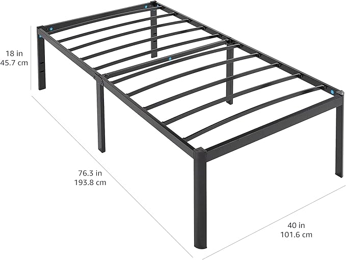 Amazon Basics Sturdy Heavy-Duty Non-Slip Platform Bed Frame Twin Size Storage, Steel Slat Support, Noise Free, Easy Assembly, 18 Inch Black
