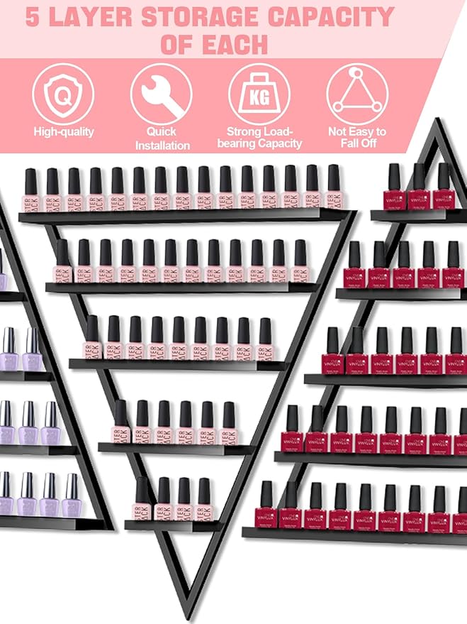 EBANKU 10PCS Nail Polish Racks 5 Tiers Nail Polish Shelf for Wall Triangular Display Rack Cosmetic Display Cases Lipstick Perfume Wall Shelf Essential Oil Organizers for Home Spa Nail Salon(Black)