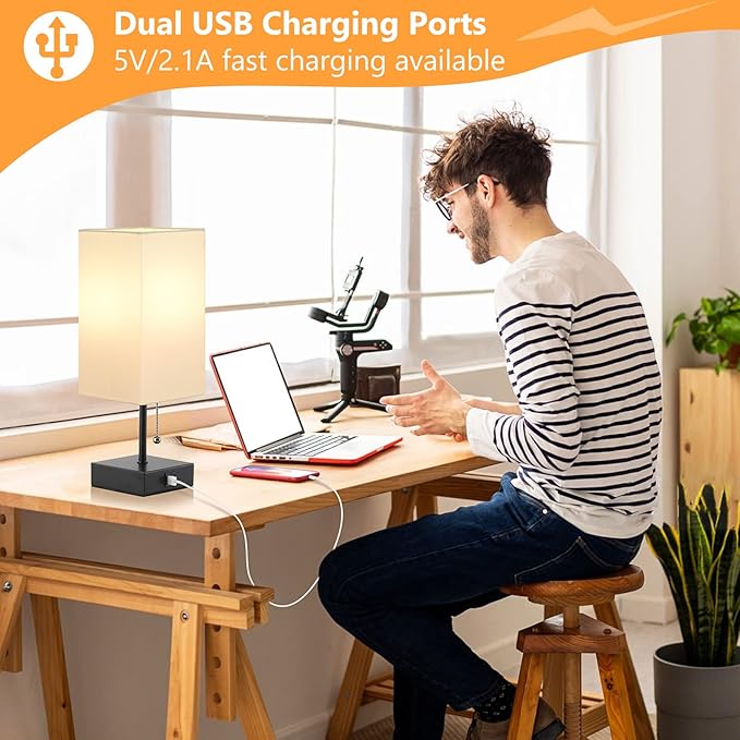 GGOYING Pull Chain Table Lamp, Bedside Lamps with 2 USB Charging Ports, 2700K LED Bulb, White Linen Lampshade for Living Room, Dorm, Office, Home