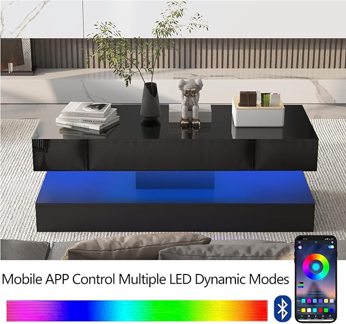 Uspeedy 47.3IN High Glossy LED Coffee Table,Modern Coffee Tables for Living Room,Living Rooms Tables,Large Living Room Furniture,APP LED Lights,Black/White Coffee Table for Livings Room (Black)