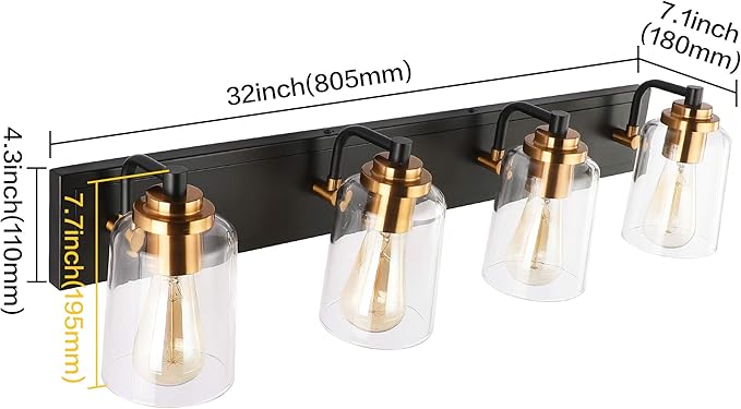 SOLFART Vintage Vanity Lighting Fixtures for Bathroom 4 Light Bathroom Vanity Light Black Brass Wall Light Sconce Light Black with Brass Light for Bath