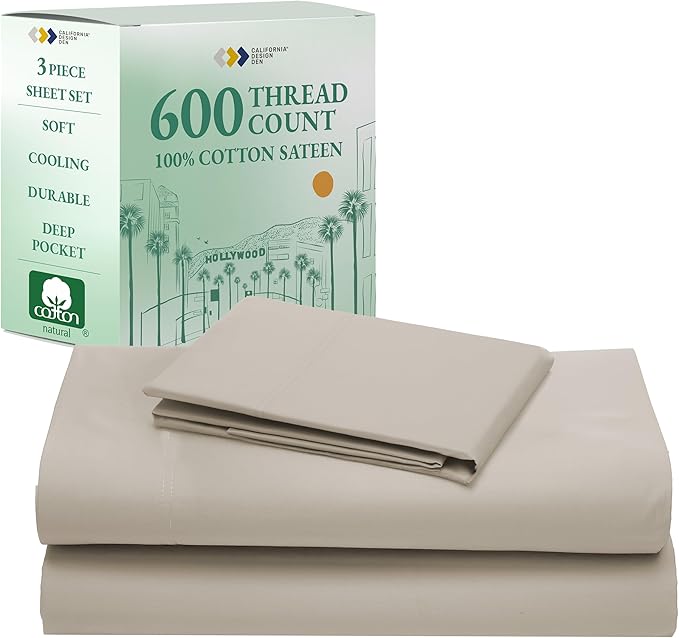 California Design Den Natural 100% Cotton Sheets Twin Size Bed Set - Luxury 600 Thread Count Sateen, Hotel Quality Fully Elasticized Deep Pocket Twin Cotton Sheets, Cool and Durable - Soft Linen