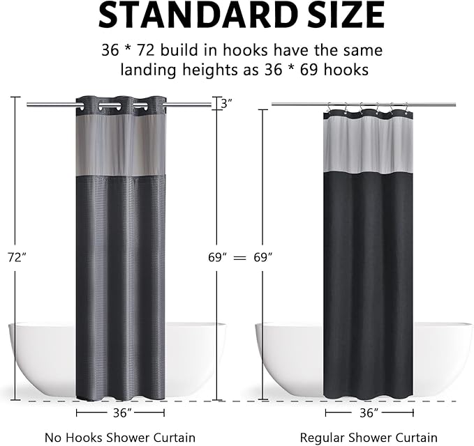 Furlinic Dark Grey Small Stall No Hook Shower Curtain with Snap in Liner,Waffle Weave Heavy Duty Fabric Waterproof Bathroom Curtains,Washable Shower Curtain Set with See Through Window 36x72 Inch