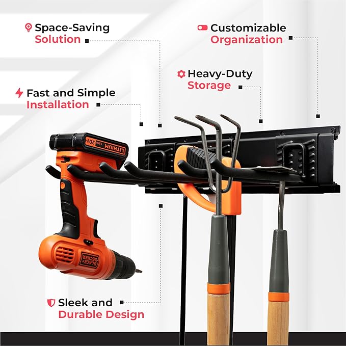 Garage Tool Organizer Wall Mount - 80 inches - Sturdy Storage Rack with Adjustable Hooks, Anti-Rust - Easy Installation, 500lbs Capacity - Garden Tool Organizer (05 Racks & 10 Hooks)