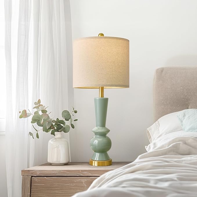 PORTRES 27" Modern Ceramic Table Lamp Set of 2 for Living Room Green & Gold Bedside Lamps for Bedroom Nightstand Lamp Tall End Table Lamps