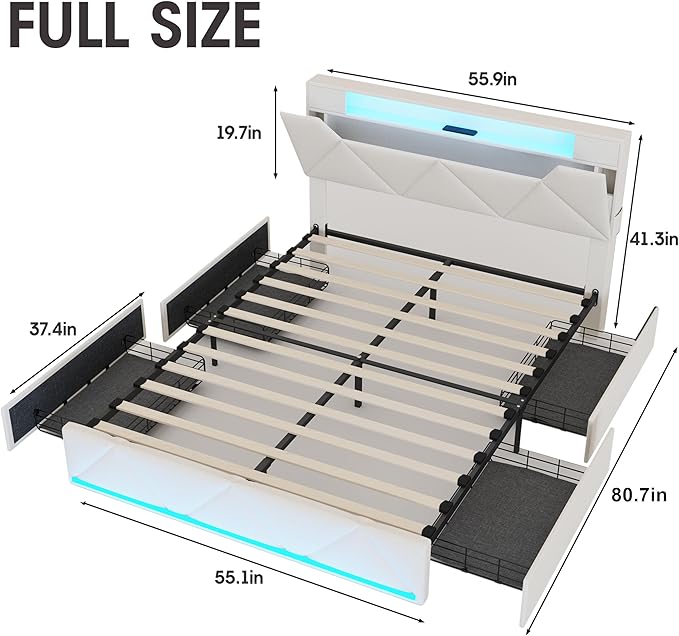 Vabches Full Bed Frame with Storage Headboard and 4 Drawers,Upholstered Platform with Charging Station and Led Lights,Adjustable Headboard,No Box Spring Needed,Beige