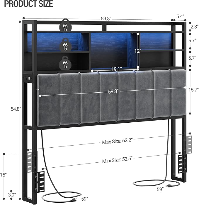Headboard with 3-Tier Storage Shelves, Velvet Upholstered Head Board with 2 Outlets, USB Ports & LED Light, Soft Backrest for Queen Size Bed, Black BH15204B