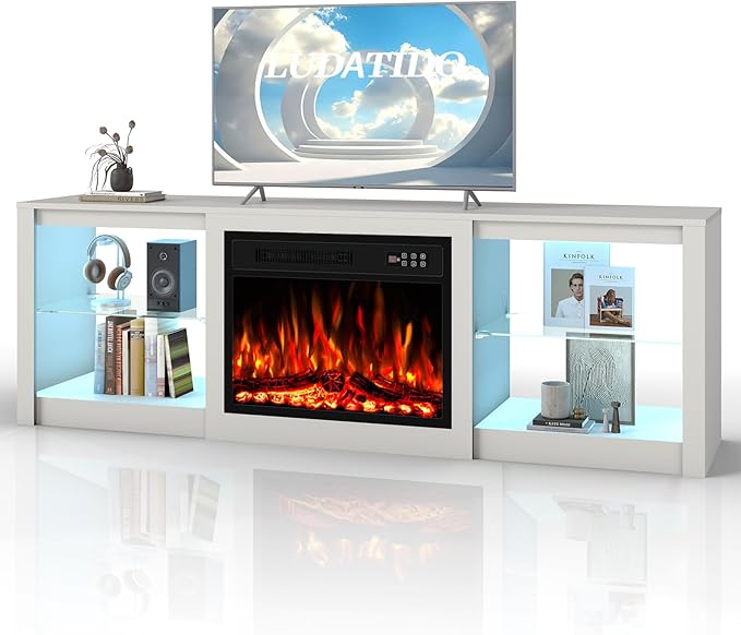 Ludatido 70 Inch Fireplace TV Stand with 23" Fireplace Insert, Entertainment Center with 14-Color LED Lights, Open Storage, Adjustable Glass Shelves, White TV Stand for Living Room Fits up to 80" TVs