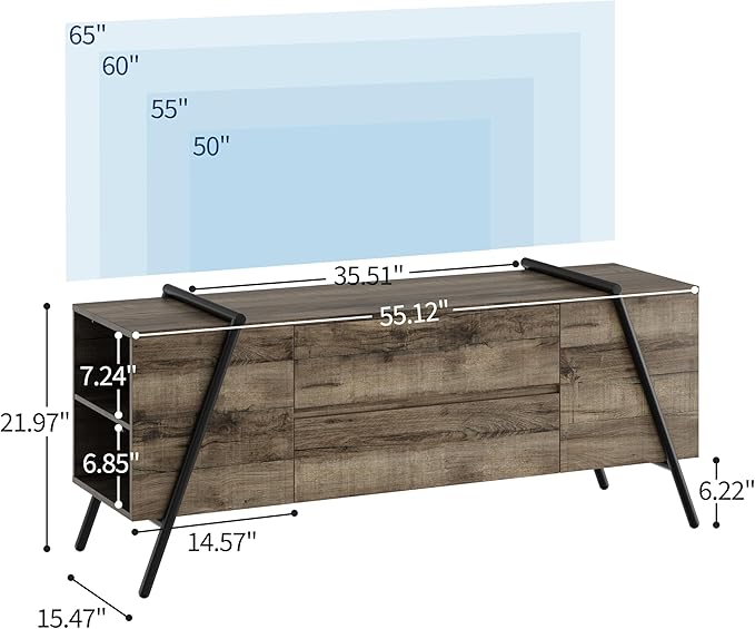 GarveeHome 55" Modern TV Stand, Entertainment Center with 2 Drawers, Adjustable Shelves, U-Shaped Metal Legs, Farmhouse Wooden TV Console for Living Room and Bedroom, Oak