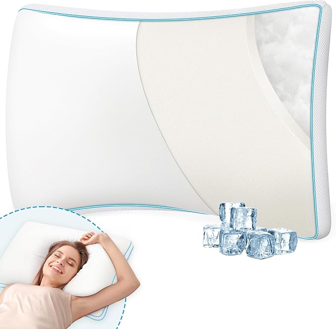 Pillow Queen Size Set of 1 for Sleeping - Fluffy Down Alternative Microfiber and Memory Foam Fill, Gusseted Soft Bed Pillow for Side,Back,and Stomach Sleepers,Breathable Hotel Pillows (Medium)