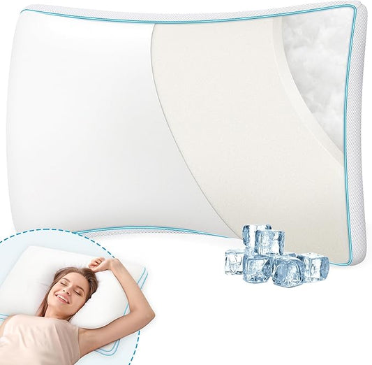 Pillow Queen Size Set of 1 for Sleeping - Fluffy Down Alternative Microfiber and Memory Foam Fill, Gusseted Soft Bed Pillow for Side,Back,and Stomach Sleepers,Breathable Hotel Pillows (Medium)