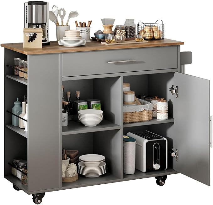 4 EVER WINNER Kitchen Island on Wheels with Storage Cabinet, Kitchen Island Cart with Spice Rack & Towel Rack, Rolling Kitchen Cart with Open Shelves, Portable Island with Drawer, Grey